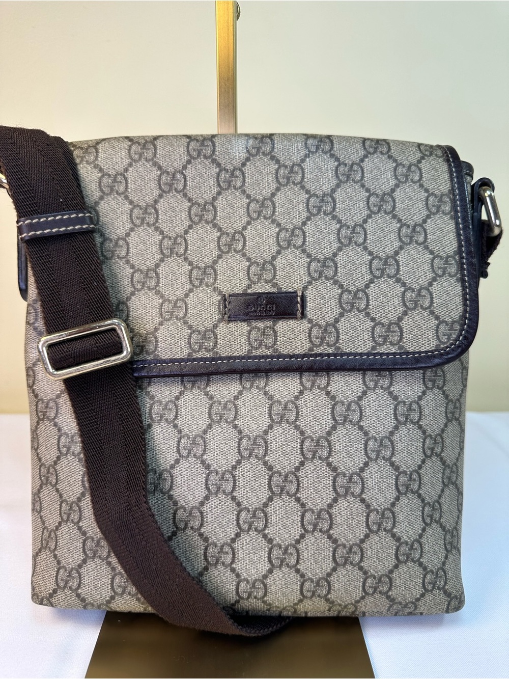 Gucci GG Supreme Monogram Selleria Coated Canvas Brown Calfskin Messenger COA